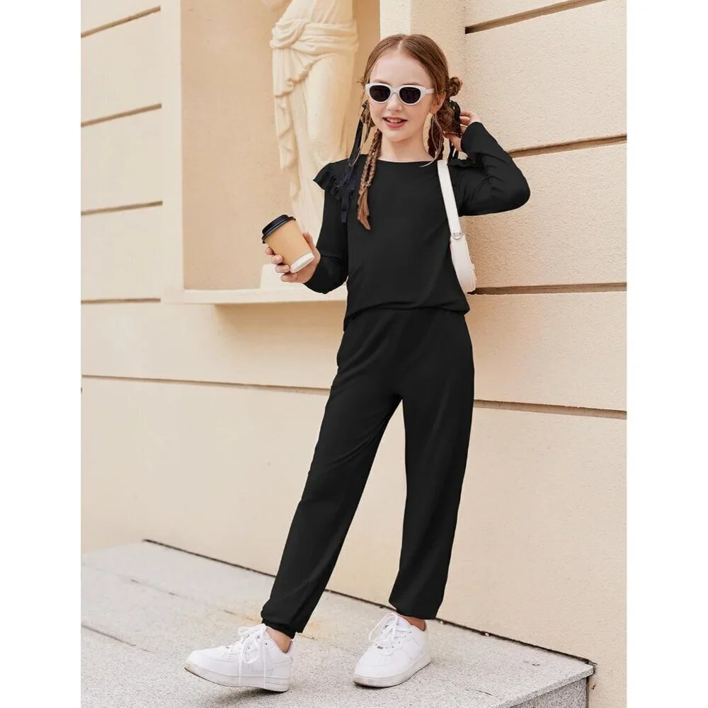 Girls 2 Piece Outfits Long Sleeve Ruffled Tops and Pants with Pockets Clothing S